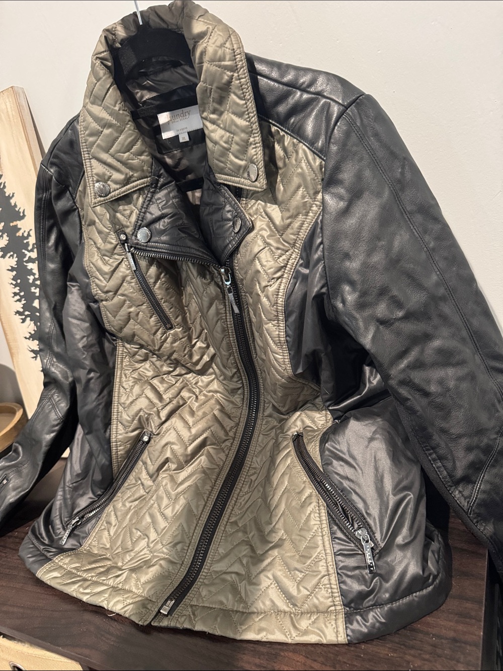 Laundry By Shelli Segal Two-Tone Quilted Leather Jacket in Black and Olive